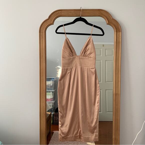 House of CB Dresses & Skirts - HOUSE OF CB Ronel Nude Tan Beige Champagne Gold Silky Satin Pin Tuck MIDI Dress